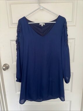 Charming Charlie Navy V-Neck Long Sleeve dress with Lace Cutouts